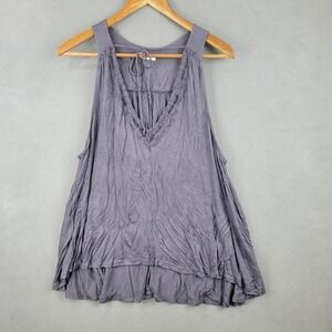 Lush Ribbed Knit Top Womens Large Gray Stretch Lace Trim Sleeveless High Low Hem
